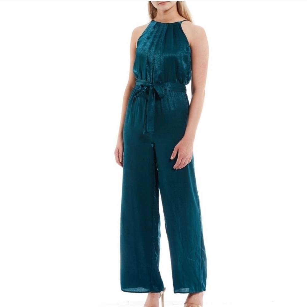 Evolutionary Teal Satin Jumpsuit Women's Medium Sleeveless Tie Waist #918 - Picture 1 of 8